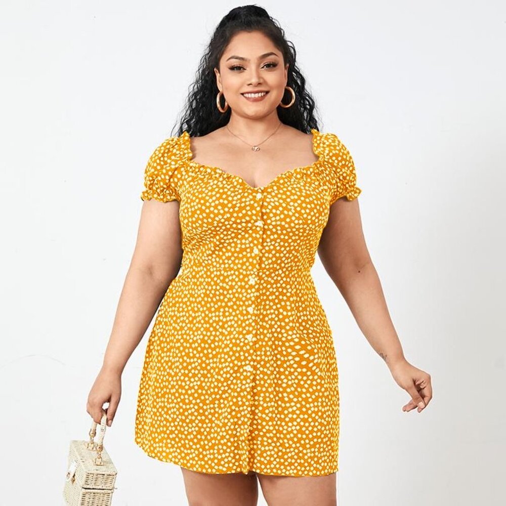 Women Yellow polka dot summer dress mini sz L